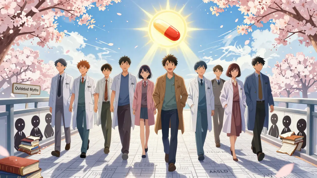 Diverse patients walking on a bridge of medical guidelines, leaving behind outdated myths below.