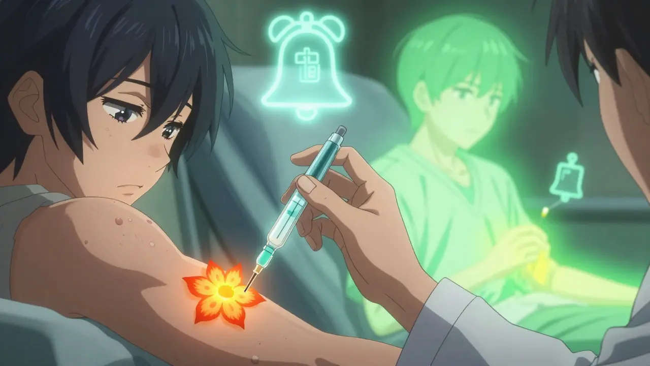 Doctor holding penicillin vial as hives bloom on patient’s skin, calm aura beside them.