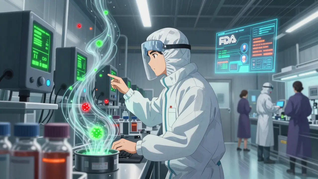 Engineer in cleanroom monitoring particle counters as contaminants swirl in the air, holographic data floating nearby.