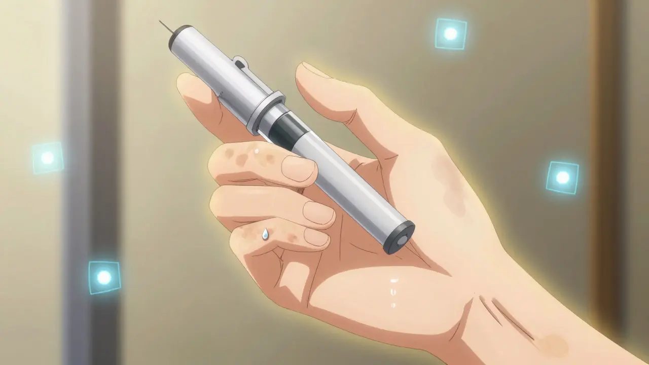 Hand injecting insulin with a glowing bruise fading into golden light.