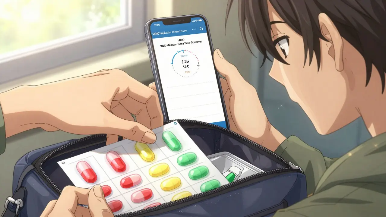 Hand placing a color-coded pill chart on a toiletry bag with a time zone app visible.