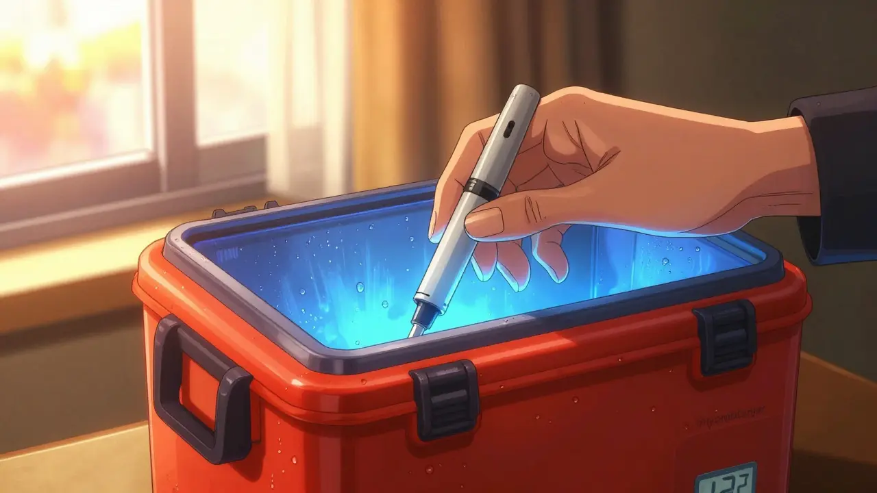 Hand placing an insulin pen into a cool, glowing pharmaceutical cooler with a digital temperature display.