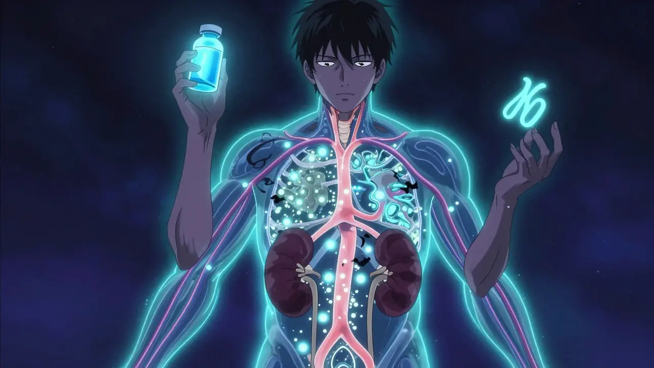 Human body diagram with glowing calcium particles and dark phosphate shadows, protagonist holding calcitriol vial.