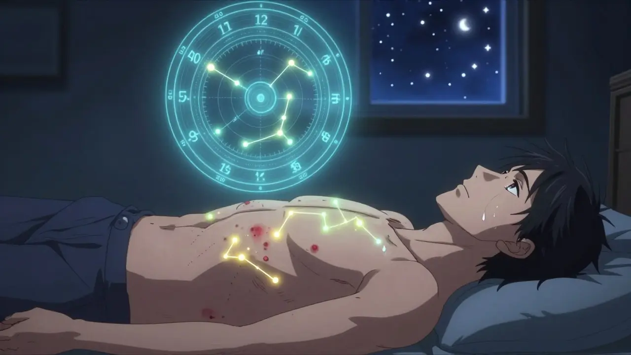 Man lying down with glowing injection sites mapped like a celestial grid.