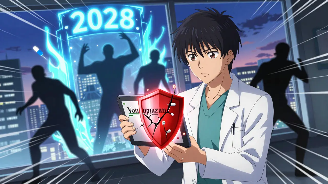 Medical student holding vonoprazan tablet as patent shield cracks with future generics emerging