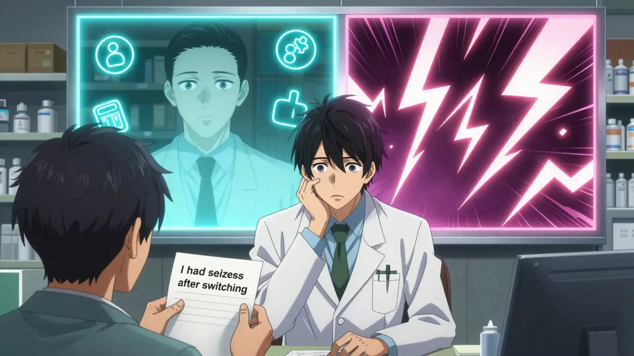 Patient presents seizure warning note to pharmacist, split-screen shows safe vs. dangerous medication paths.