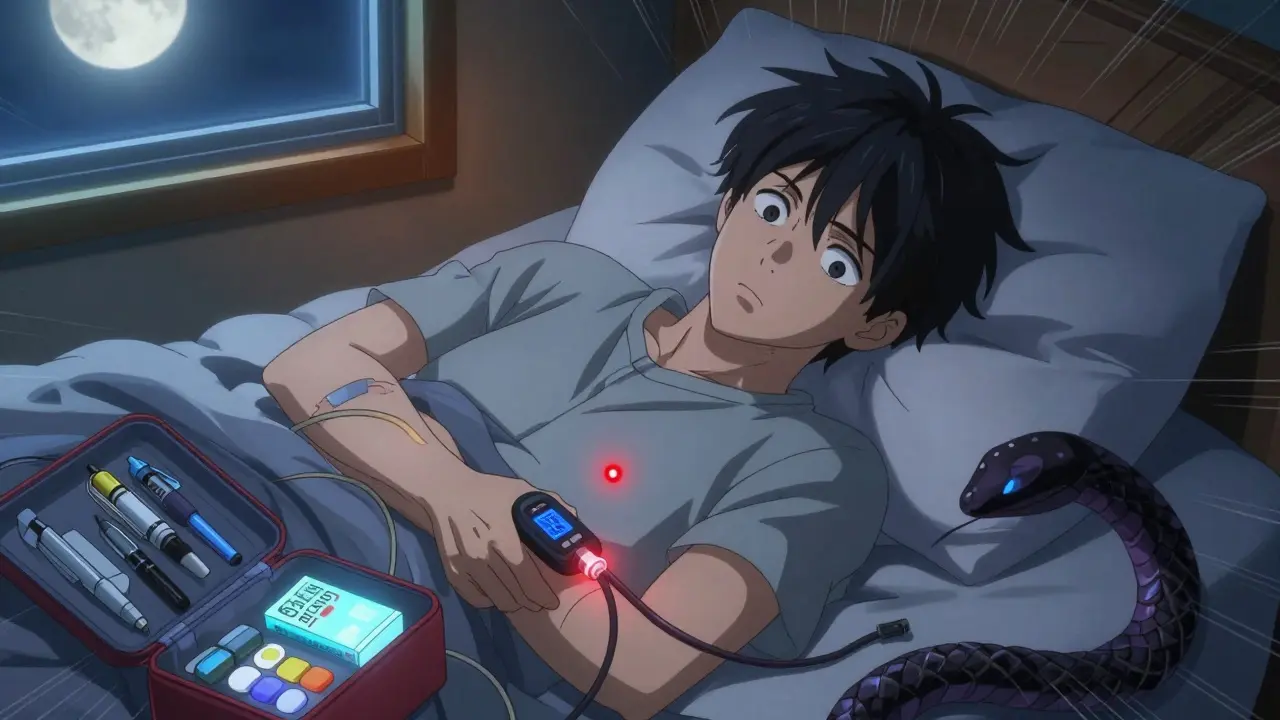 Person in bed alarmed by pump alert, emergency supplies nearby.