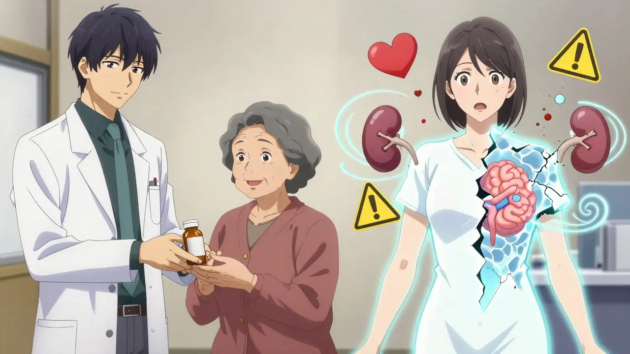 Pharmacist handing medication to an older woman while her body shows symbolic drug interaction effects.