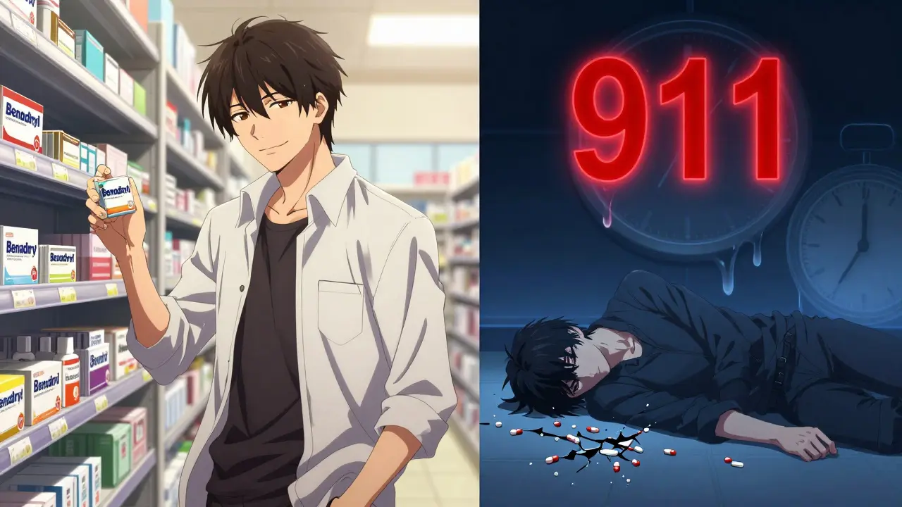 Split scene: a man picking up allergy pills beside pain meds, then collapsed on the floor with a 911 symbol above him.