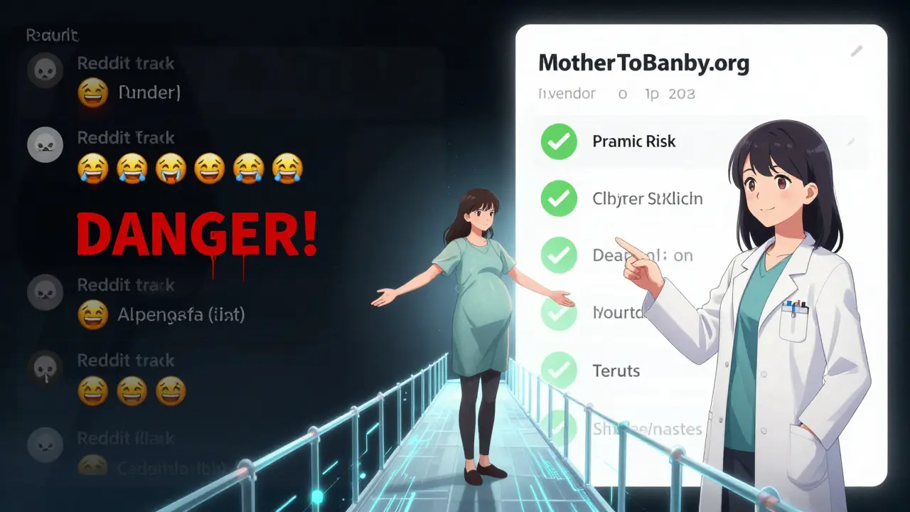 Split scene: chaotic fear-based social media post vs. serene evidence-based medical database, woman choosing truth.