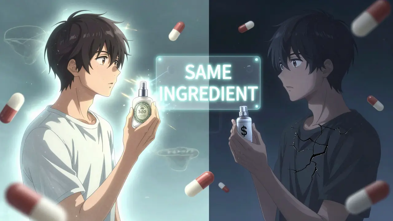 Split scene: one side shows a person with a costly cream glowing with energy, the other with a cheap version dimmed, a transparent 'SAME INGREDIENT' sign between them.