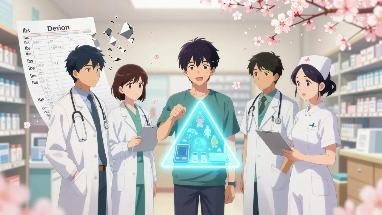 Three medical staff verifying pediatric weight at three points, digital kilogram symbols rising like blossoms.