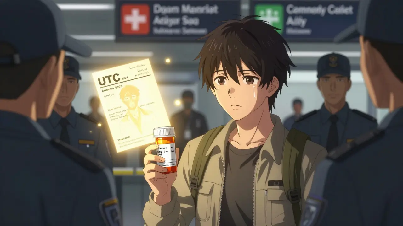 Traveler detained at customs as glowing prescription labels protect them from confusion.