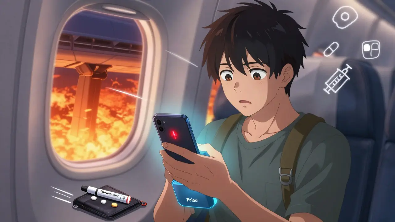 Traveler in airplane cabin watching a red alert on phone while holding a smart medication cooler.