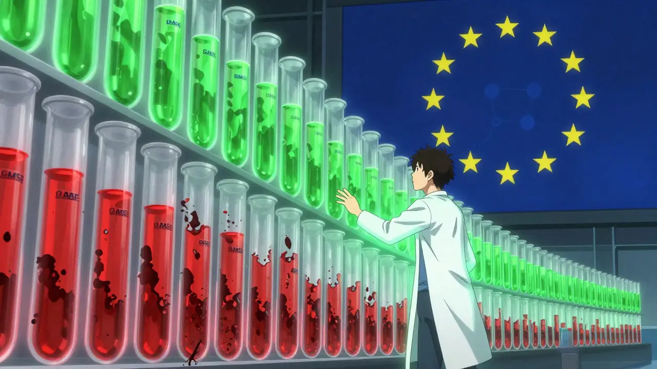 A chemist facing a wall of glowing chemicals, half turning to ash, the other half becoming safe alternatives under a molecular EU flag.