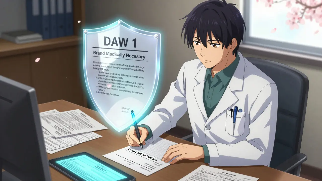 A doctor writes 'Dispense as Written' on a prescription as a protective legal shield glows above it, surrounded by insurance documents.