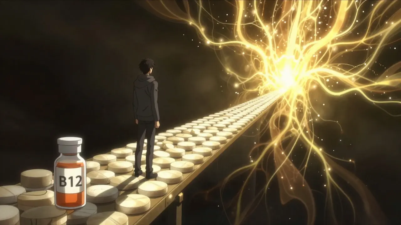 A figure standing on a bridge of calcium and B12 vials, leaving behind metformin pills toward a radiant light of recovery.