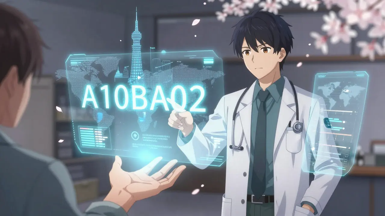 A holographic ATC code floats above a patient's hand, surrounded by global city silhouettes and floating data.