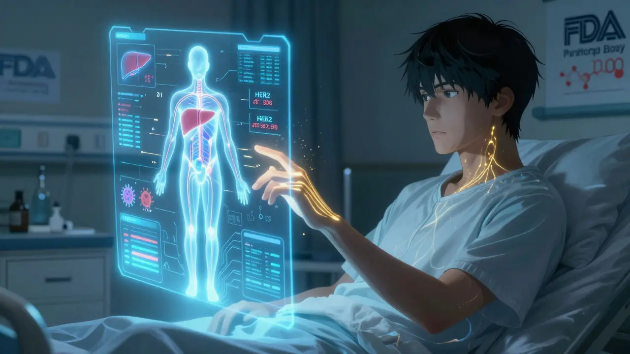 A holographic digital twin of a human body displaying drug metabolism data, with genetic streams and liver enzymes glowing softly.