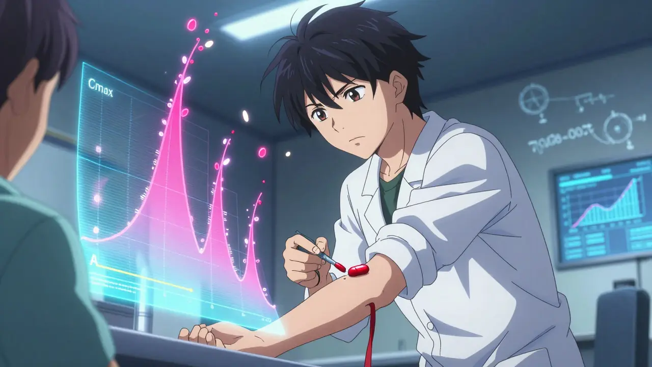 A lab technician draws blood while holographic Cmax and AUC graphs float around them.