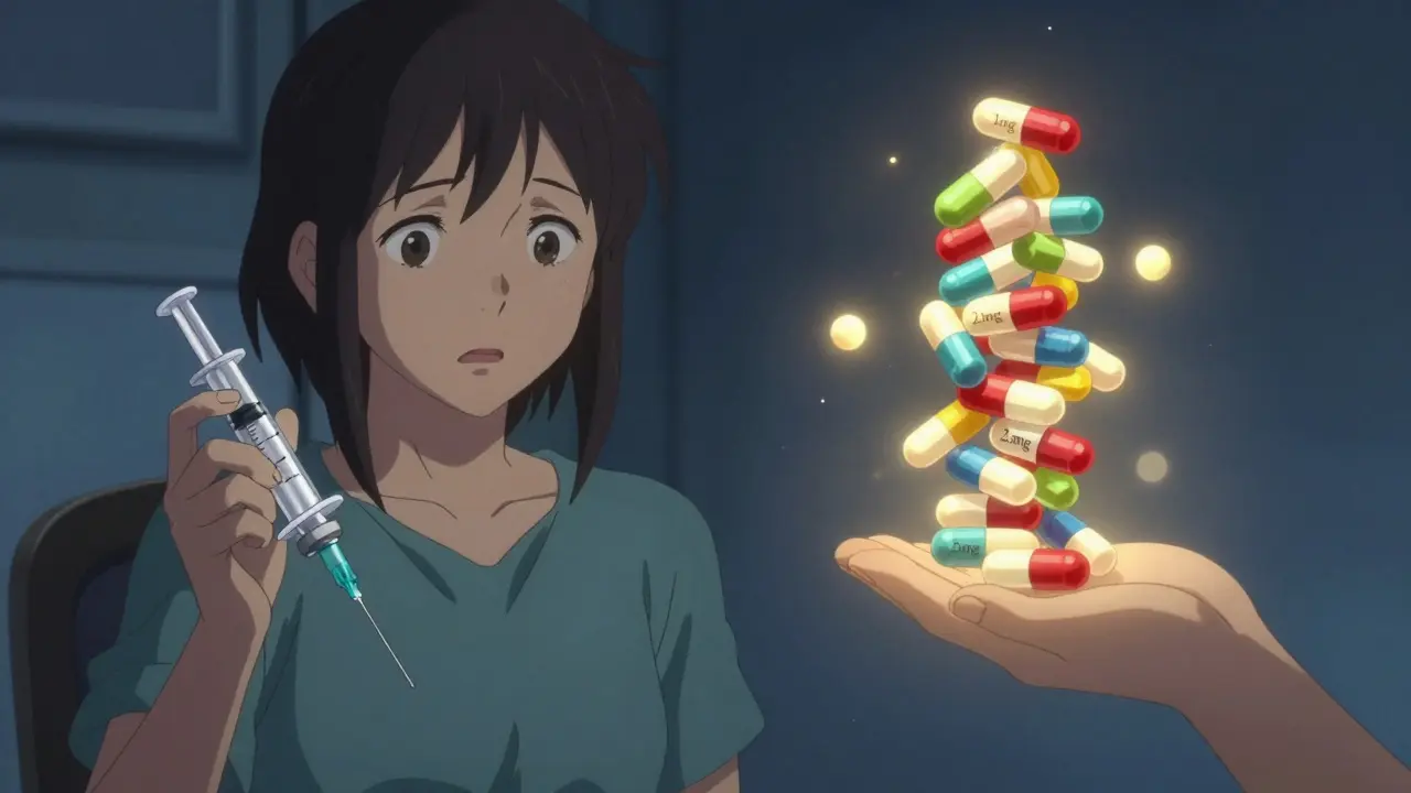 A mother hesitates between a leaking liquid medicine bottle and floating mini-tablets with precise dosages.