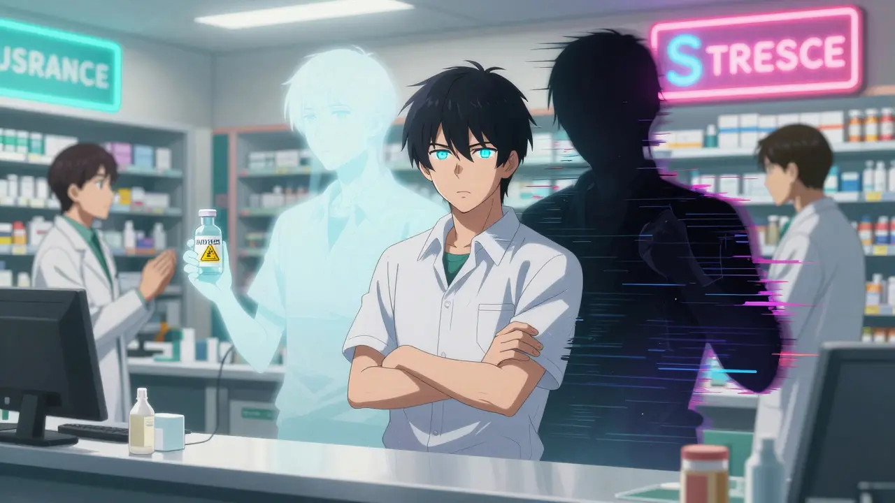 A patient refuses a generic drug at the pharmacy, with a fading healthy version of themselves behind them as shadowy side effects loom.