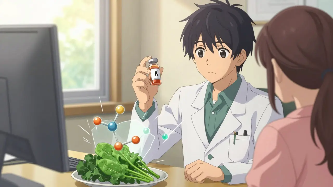 A pharmacist and patient beside a plate of greens, with transparent visuals of warfarin and vitamin K interacting in a clinic.