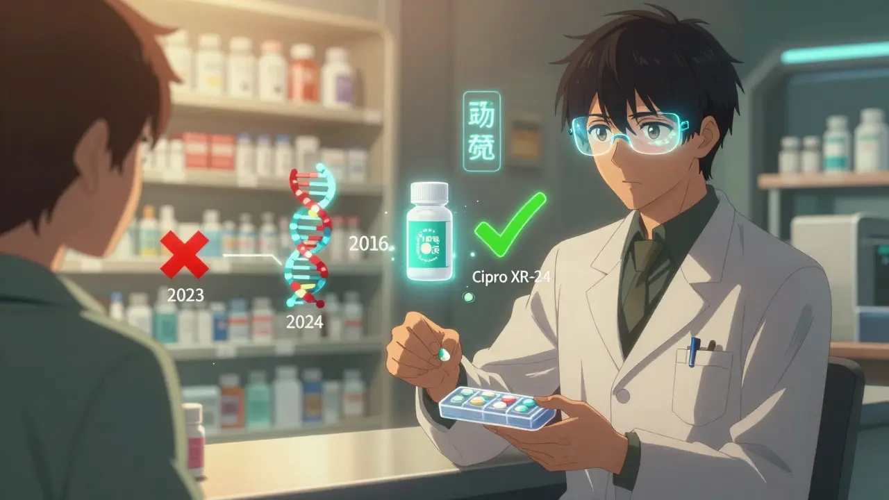 A pharmacist presents a personalized DNA-based medication schedule using holograms to a patient in a futuristic pharmacy.