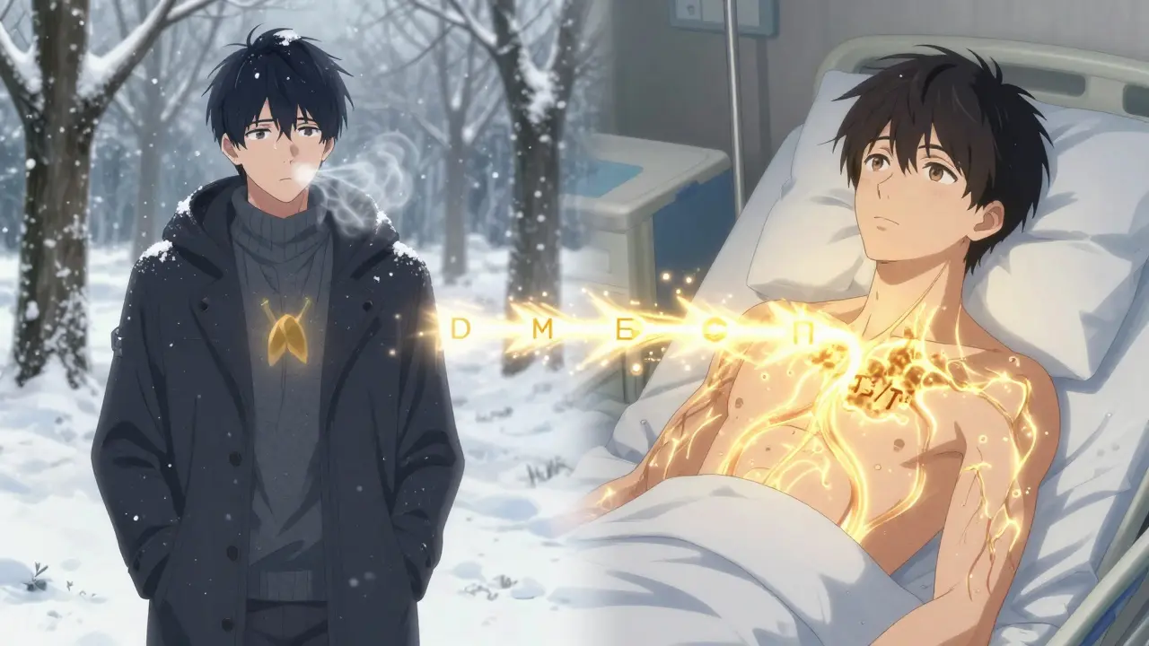 A symbolic split scene: a cold, fading man in snow versus a recovering patient glowing with thyroid hormones, connected by a path labeled DIMES.