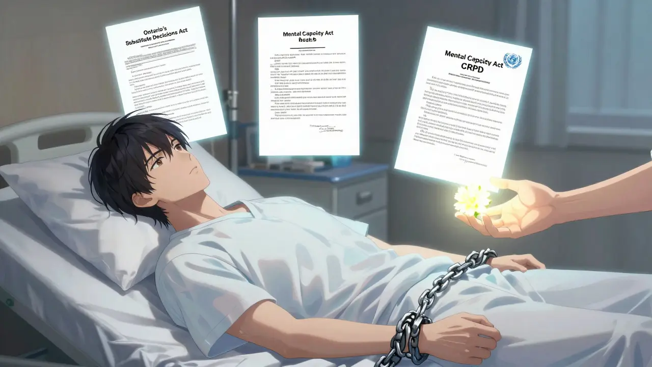 A young man in a hospital bed, ethereal legal documents hovering above him, a hand offering a flower instead of restraints.