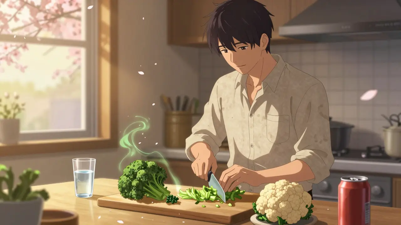 A young man preparing fresh vegetables in a sunlit kitchen, with cherry blossoms drifting nearby and glowing green energy around the food.