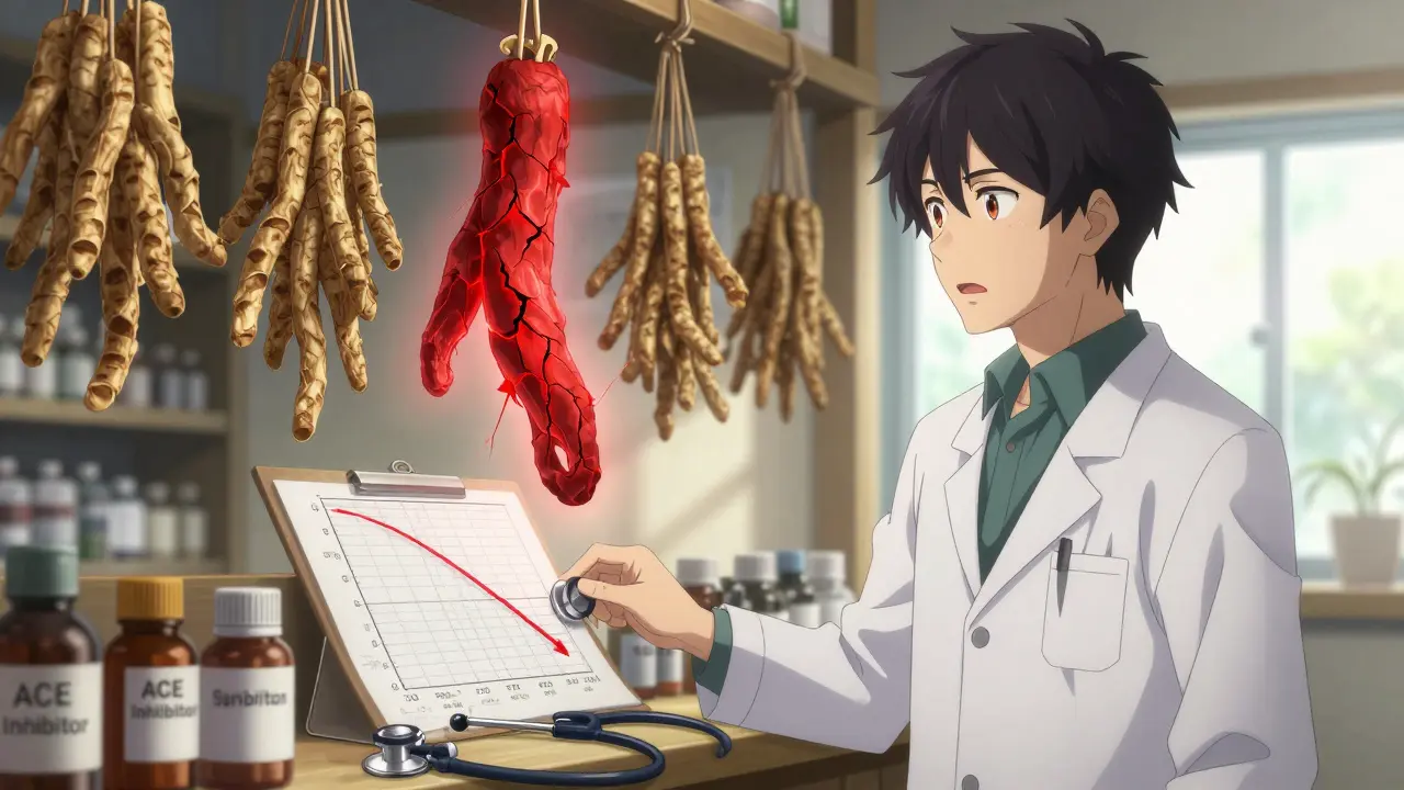 An herbal shop with a pulsing red licorice root causing blood pressure charts to collapse around a horrified pharmacist.