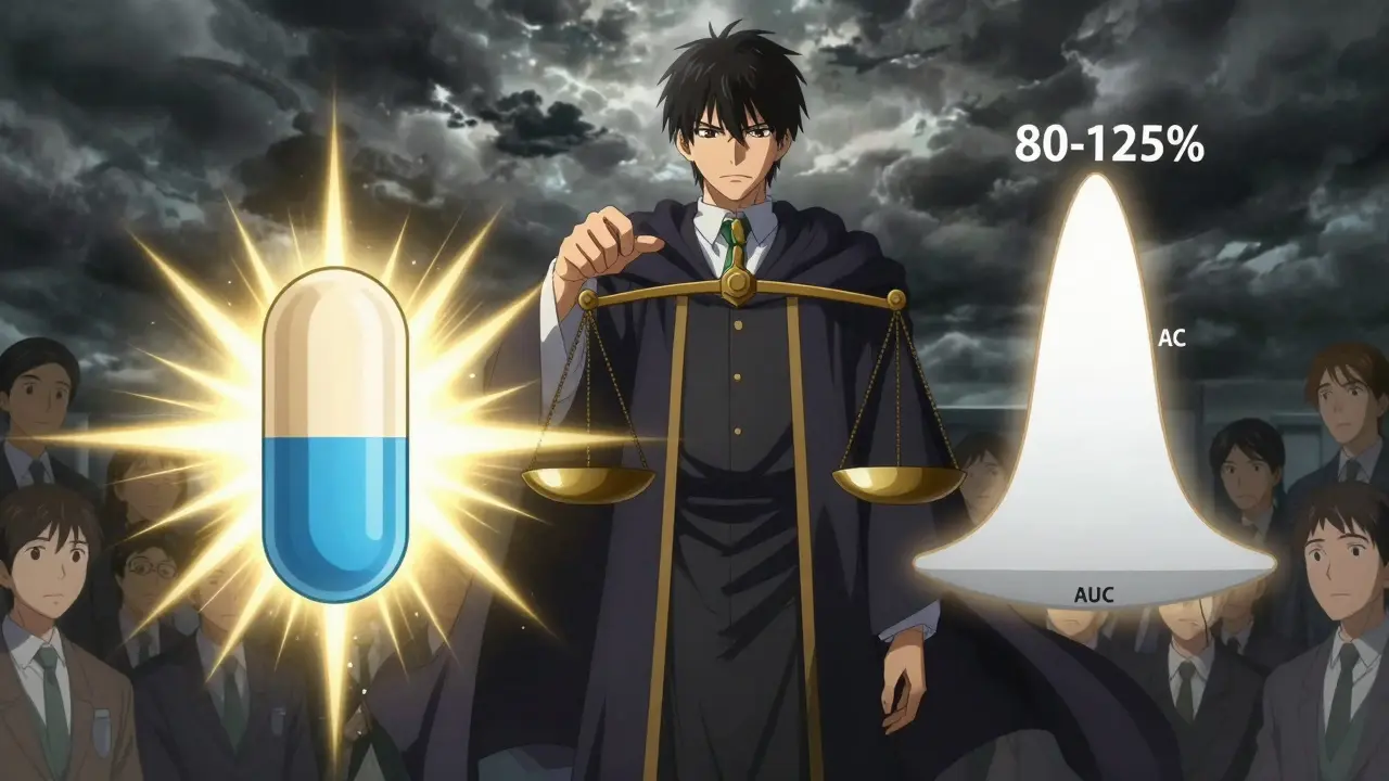 Brand and generic pills side by side, balanced perfectly on a regulatory scale under glowing numbers.