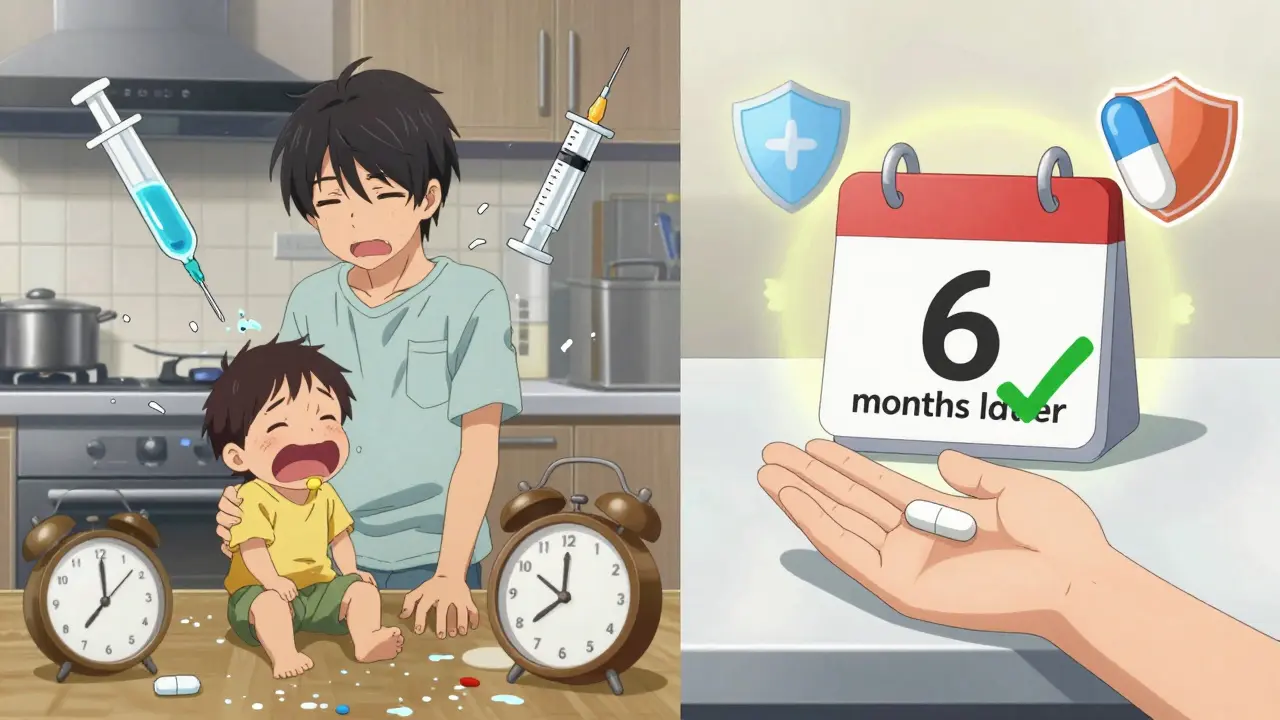 Chaotic liquid medicine scene vs. calm tablet scene with long-term stability shown through calendar markers.