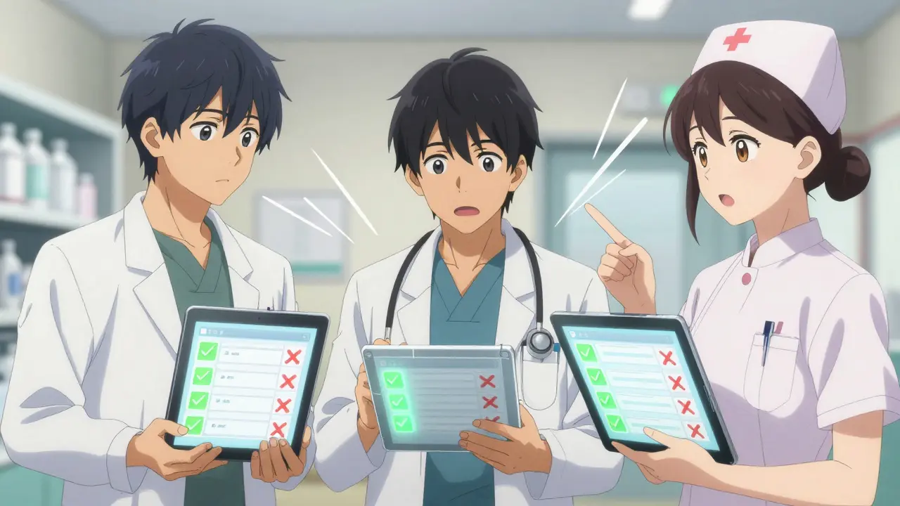 Healthcare team discusses medication reconciliation using digital tablets with alerts and checkmarks during a hospital huddle.