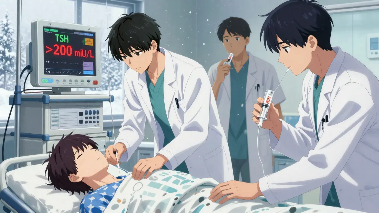 Medical staff urgently treat a hypothyroid patient in ICU, administering T3 and avoiding rapid rewarming, while a monitor shows critically high TSH levels.