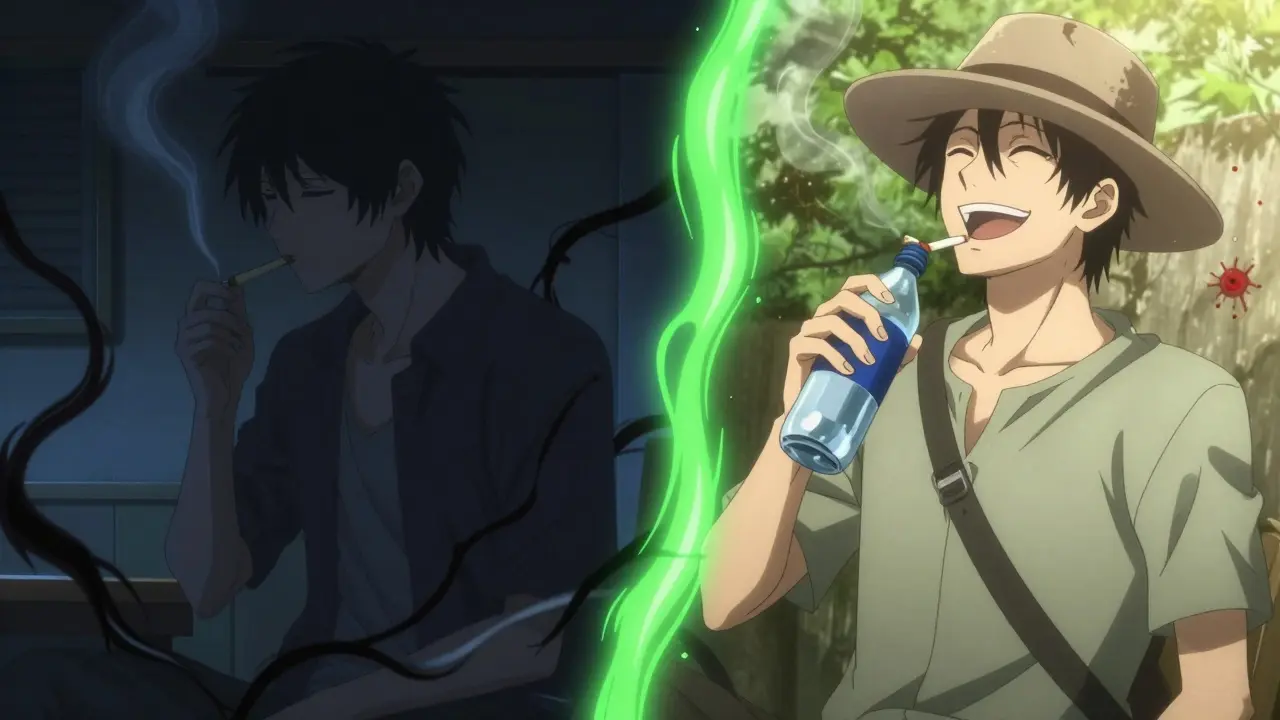 Split image of a man quitting smoking — dark, shadowy past on one side, bright, healthy future on the other.