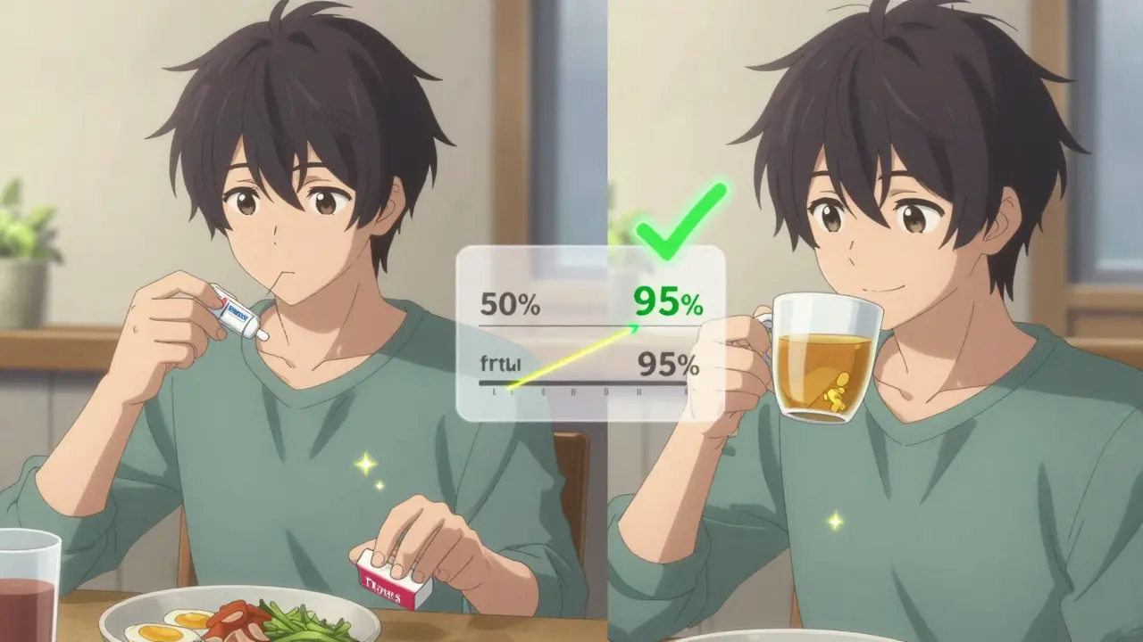 Split scene: one side shows incorrect pill timing with a red warning, the other shows correct timing with green healing light.