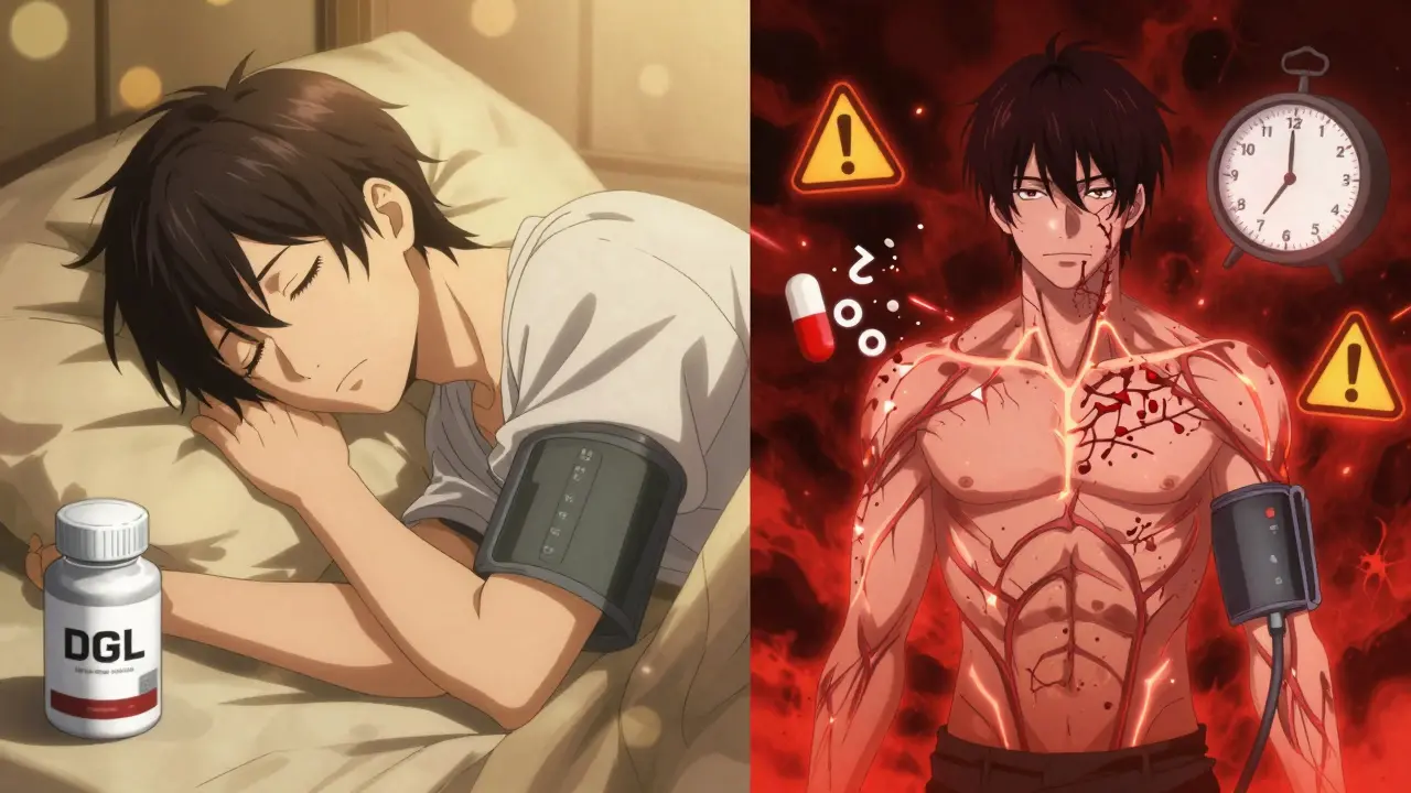 Split scene: peaceful man with safe DGL supplement vs. same man in medical crisis with soaring blood pressure and falling potassium.