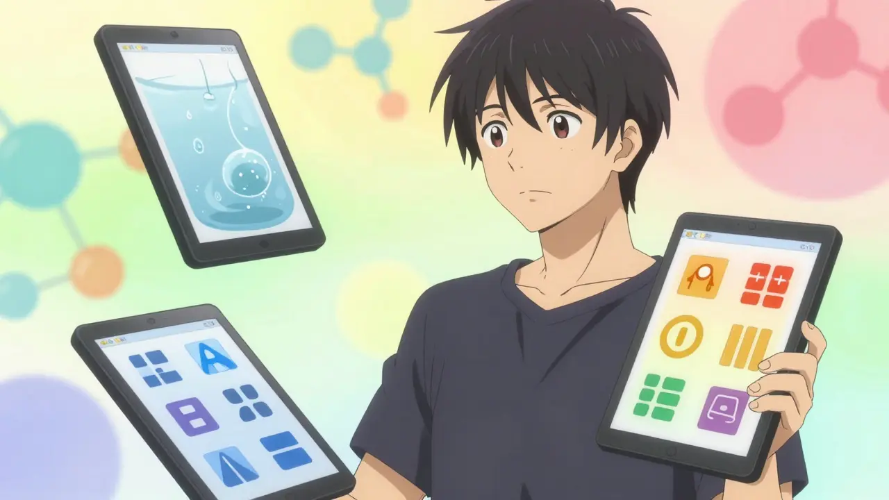 Three BCS drug classes visualized with floating tablets in anime style