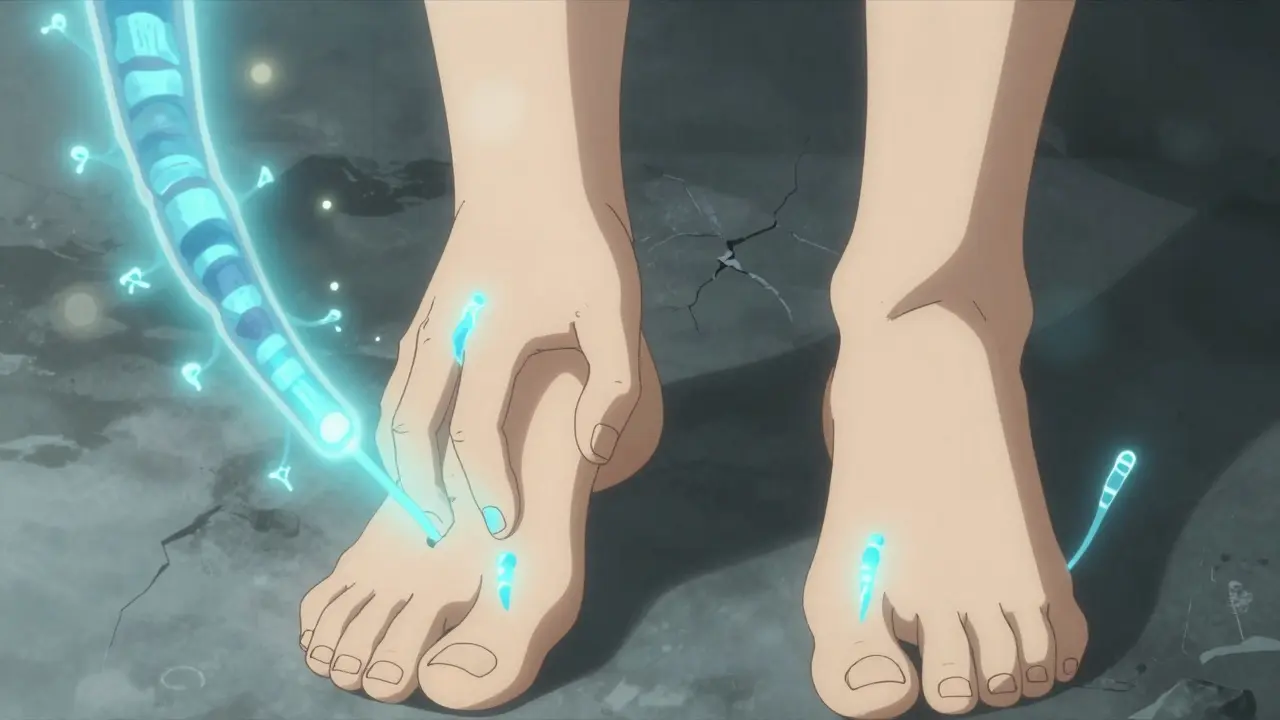 Trembling hands with glowing blue tingling sensations, symbolizing nerve damage from B12 deficiency.