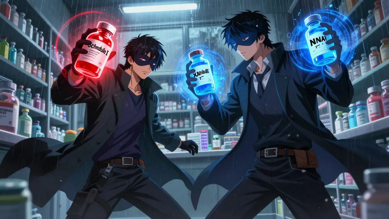 Two figures confront each other in a pharmacy warehouse with DEA schedule icons glowing in red and blue.