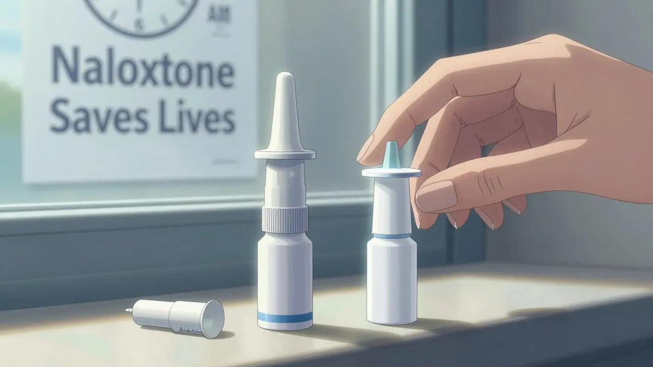 Two naloxone nasal sprays on a windowsill—one used, one ready—with a hand reaching for the second.