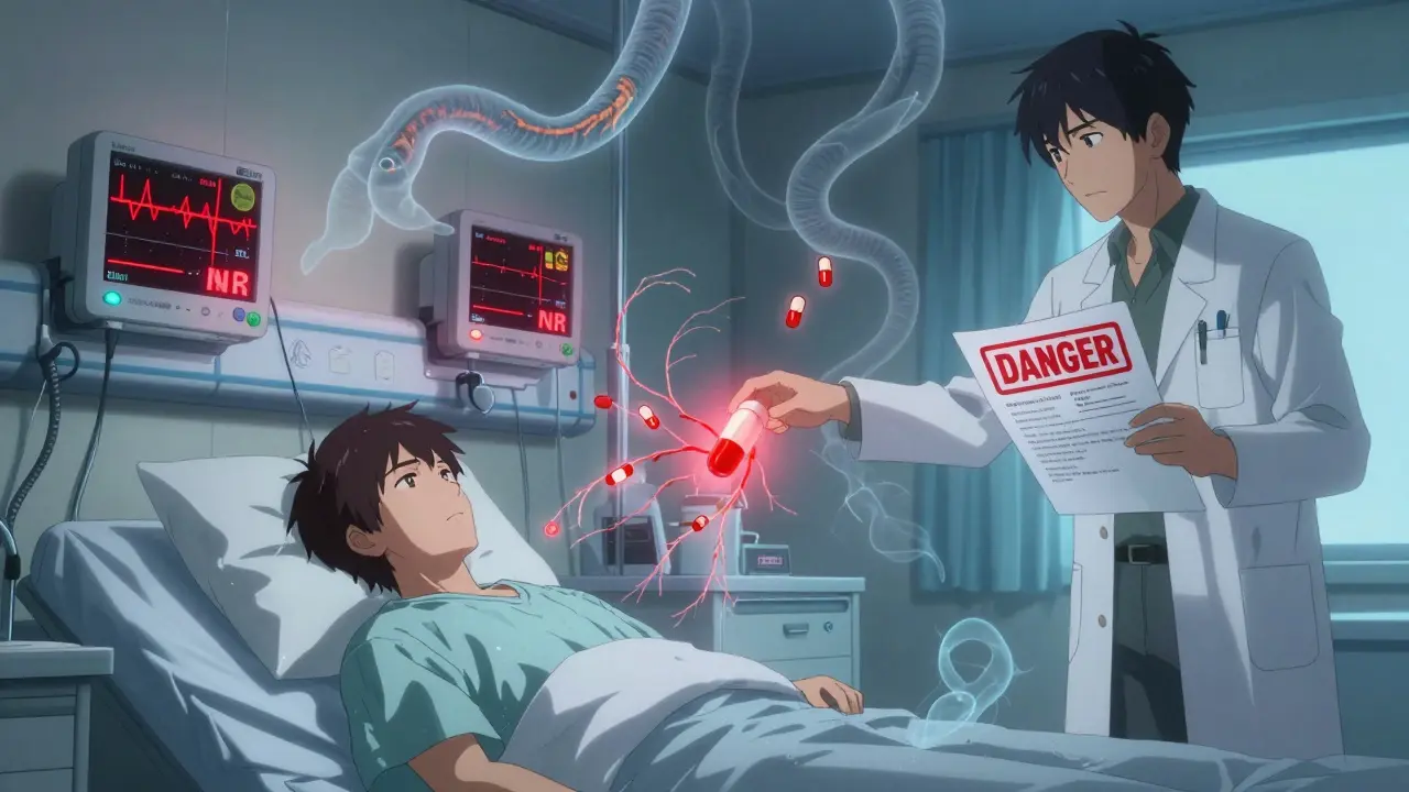 A patient in a hospital bed with erratic monitor readings, ghostly Danshen roots twisting through the room alongside anticoagulant prescriptions.