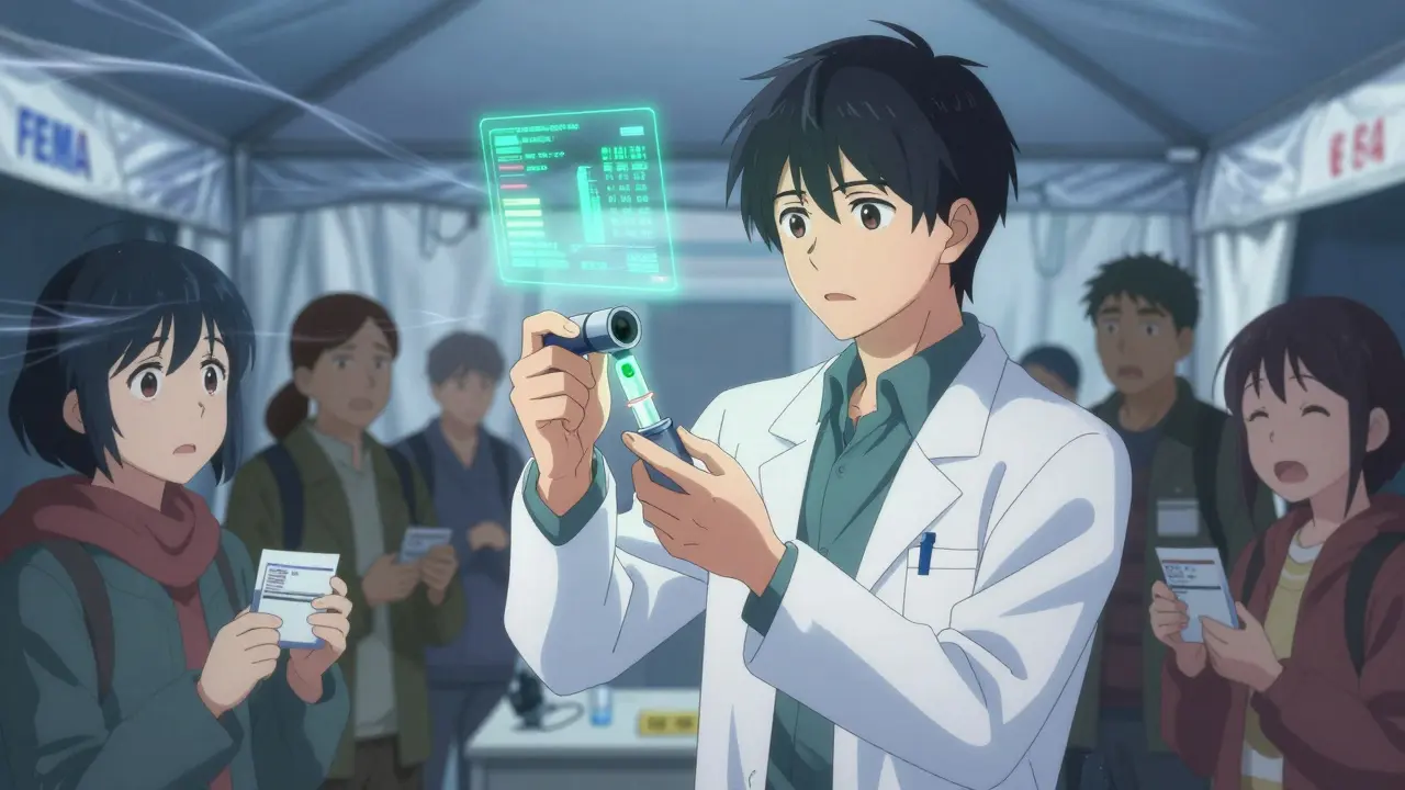 A pharmacist uses a portable device to test an expired epinephrine injector in a FEMA tent.