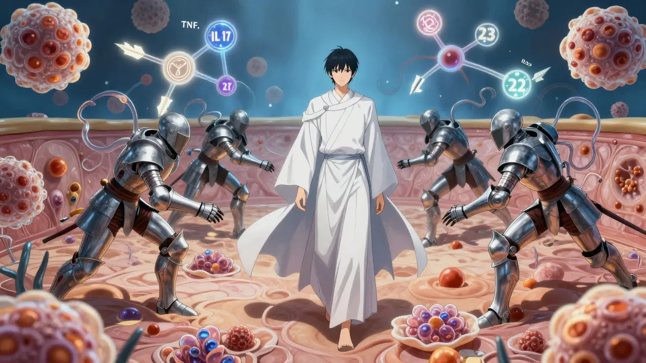 A surreal battlefield where armored T-cells attack crystalline skin cells, with glowing biologic arrows targeting immune molecules.