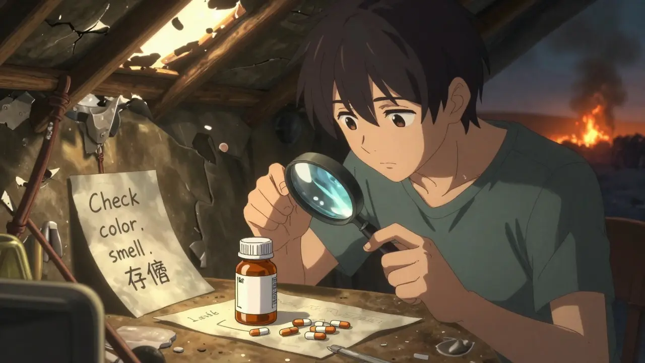 A teen examines expired antibiotics with a magnifying glass in a makeshift shelter.