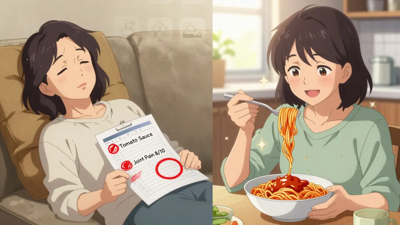 A woman experiencing relief from joint pain after switching to low-histamine tomato sauce.