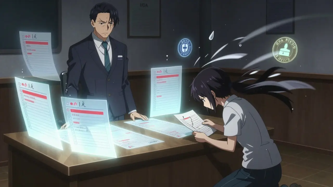 An FDA inspector confronts a technician over missing documentation, with floating regulatory warnings.