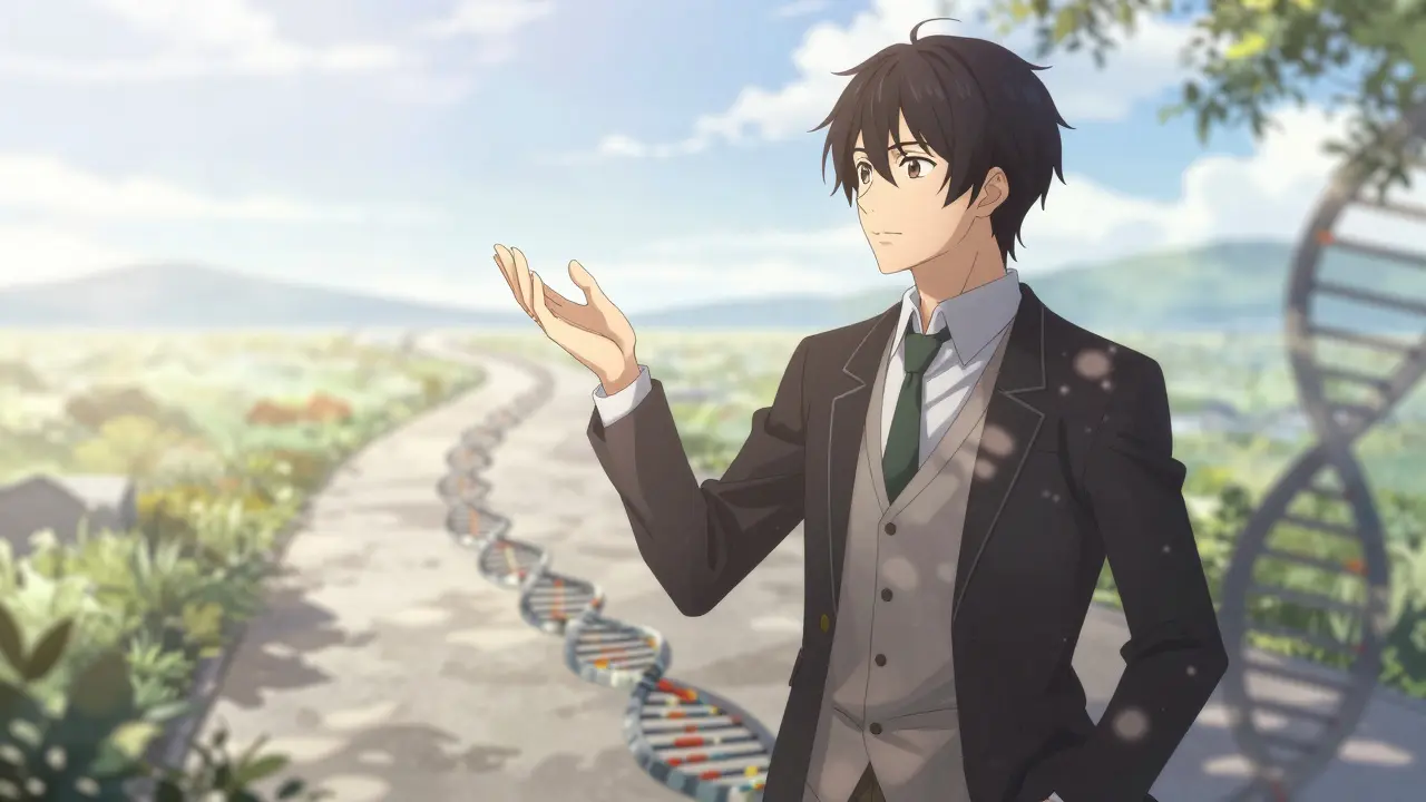 Anime boy on DNA path facing bright horizon